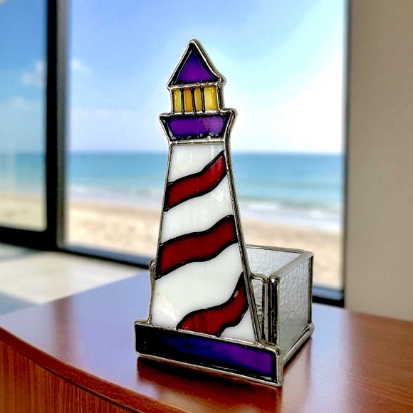 Stained Glass Lighthouse Candle Holder Glass Art Decor Purple Red Yellow 6” - Picture 8 of 16